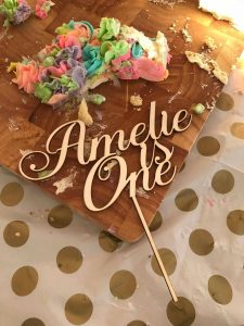 Custom Amelie is one laser cut plywood cake topper