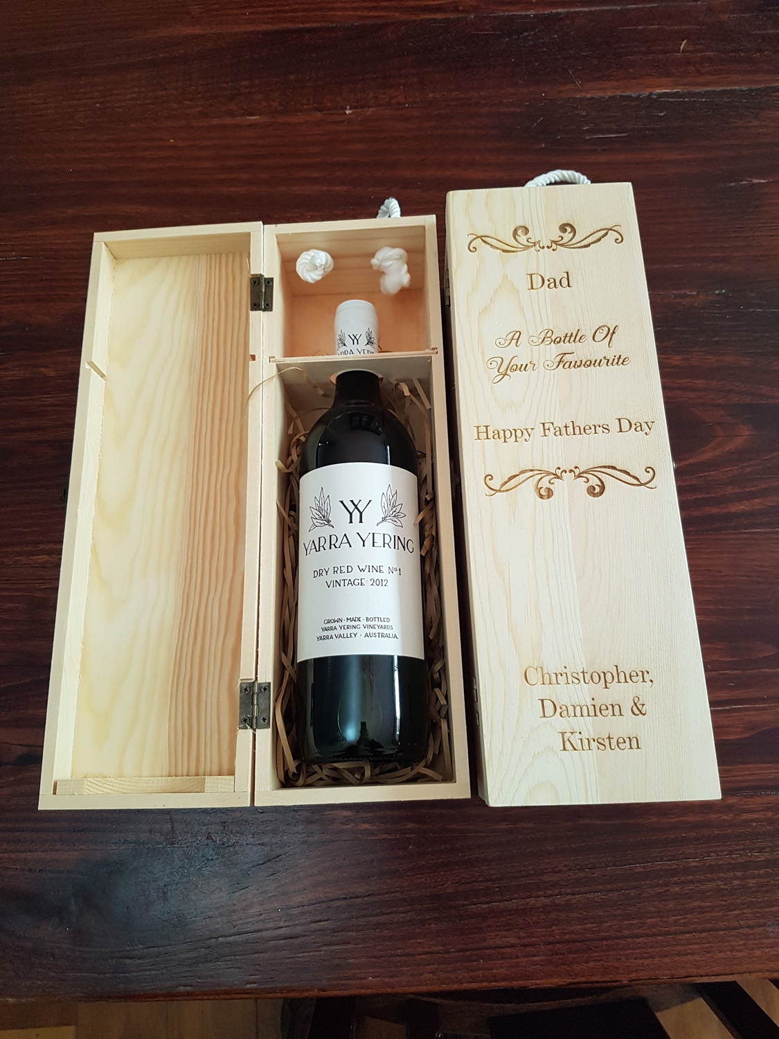 Laser engraved, personalised wine gift box.