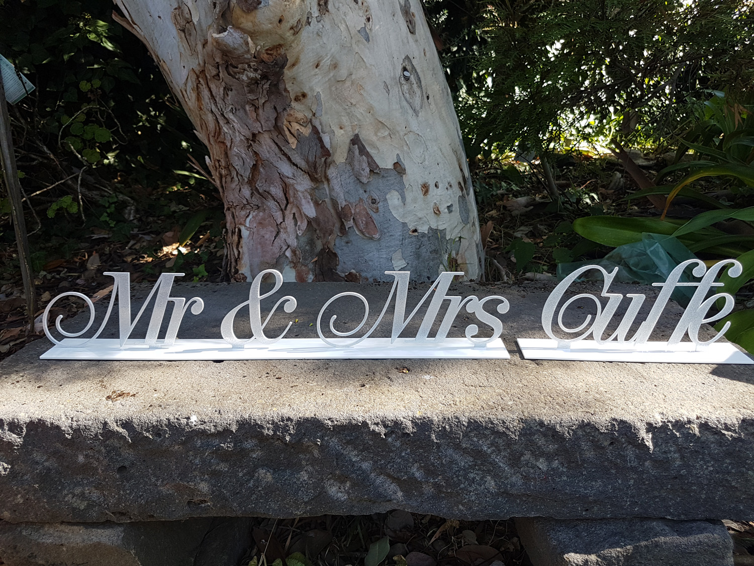 Personalised laser cut silver glitter acrylic Mr & Mrs wedding table sign