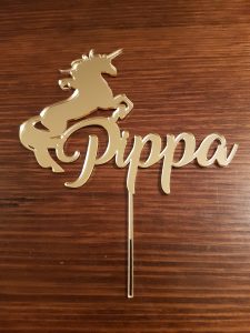 Personalised Pippa Unicorn gold acrylic laser cut cake topper.
